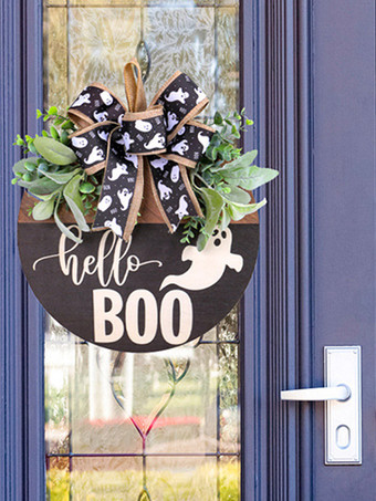 noir Décoration de porte en bois avec fantôme blanc d'Halloween et ruban noir à suspendre