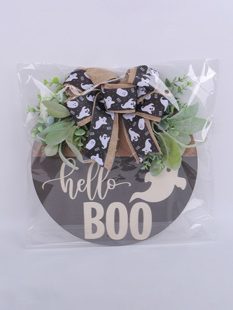 Décoration de porte en bois avec fantôme blanc d'Halloween et ruban noir à suspendre