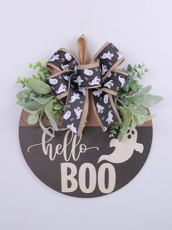 Décoration de porte en bois avec fantôme blanc d'Halloween et ruban noir à suspendre