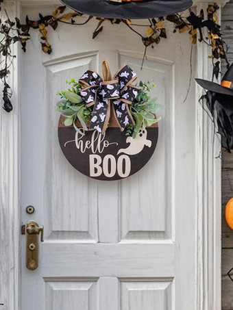 Décoration de porte en bois avec fantôme blanc d'Halloween et ruban noir à suspendre