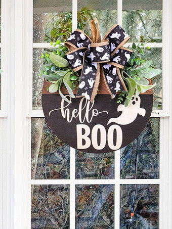 Décoration de porte en bois avec fantôme blanc d'Halloween et ruban noir à suspendre