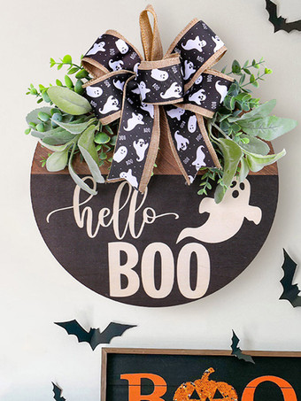 Décoration de porte en bois avec fantôme blanc d'Halloween et ruban noir à suspendre