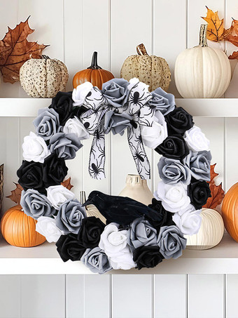 Ghirlanda di Halloween con corvo rose bianche e nere decorazione da appendere alla porta con finta vite