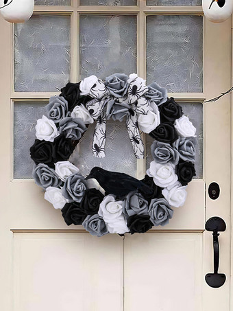 Ghirlanda di Halloween con corvo rose bianche e nere decorazione da appendere alla porta con finta vite
