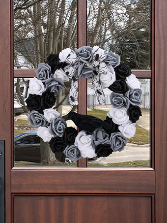 Ghirlanda di Halloween con corvo rose bianche e nere decorazione da appendere alla porta con finta vite