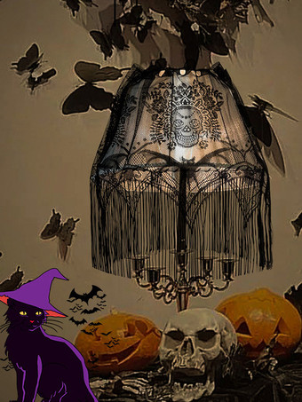 Black Halloween Lace Coffee Curtain, Bat & Skull Lamp Shade Party Decor