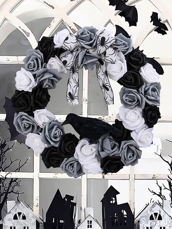 Nero Ghirlanda di Halloween con corvo rose bianche e nere decorazione da appendere alla porta con finta vite