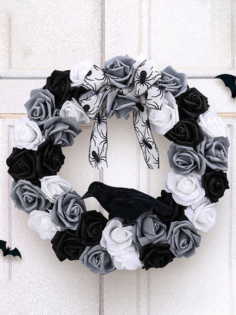 Ghirlanda di Halloween con corvo rose bianche e nere decorazione da appendere alla porta con finta vite