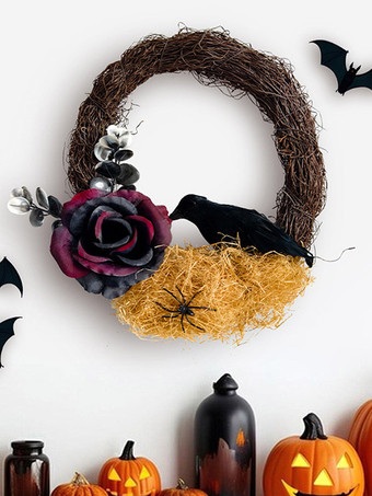 ブラック ハロウィン ブラッククロウ ローズリース、人工つるドア吊り飾り