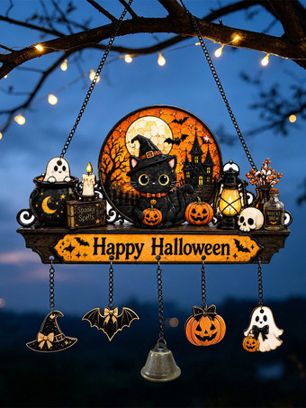 ハロウィンの月明かりペットパーティー木製サイン、2D吊り下げホームデコレーション