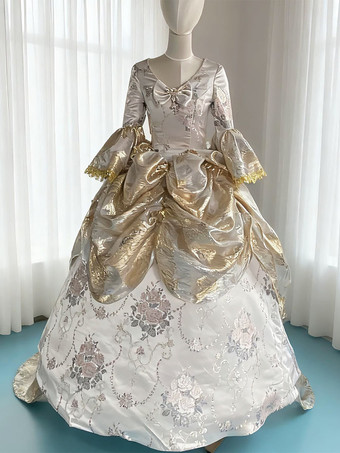 doré Robe Victorienne rétro dorés à volants Costume Marie-Antoinette robe en Polyester pour femmes robe de bal de fête royale
