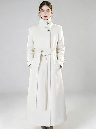 Ecru WhiteWomen's Long Wool Coat With Stand Collar Red Fitted Waist Winter Overcoat