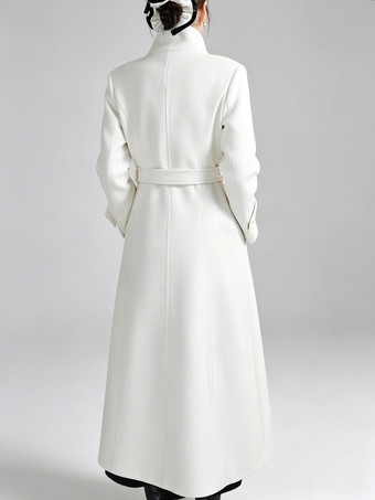 Women's Long Wool Coat With Stand Collar Red Fitted Waist Winter Overcoat
