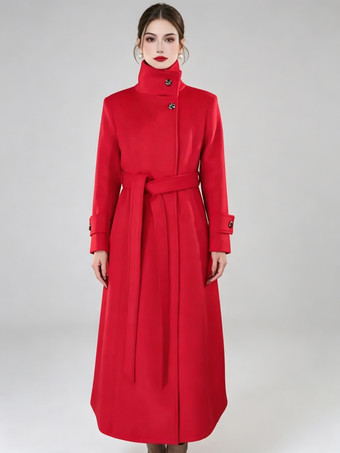 Red Women's Long Wool Coat With Stand Collar Red Fitted Waist Winter Overcoat