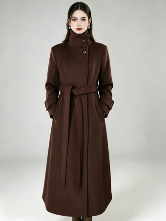 Deep BrownWomen's Long Wool Coat With Stand Collar Red Fitted Waist Winter Overcoat