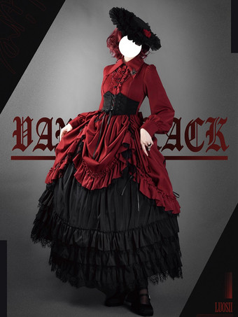 Gothic Lolita Dress Dark Red Long Sleeve Corset Belt Vintage Womens Gothic Dress