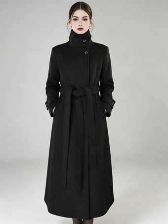Black Women's Long Wool Coat With Stand Collar Red Fitted Waist Winter Overcoat