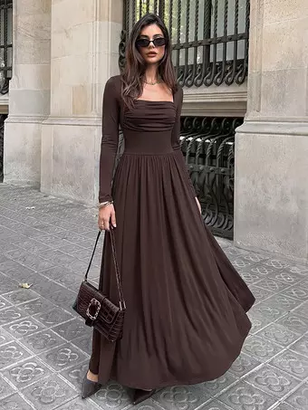 Brown Ribbed Knit Maxi Dress Long Sleeve Round Neck Vintage Pleated Skirt