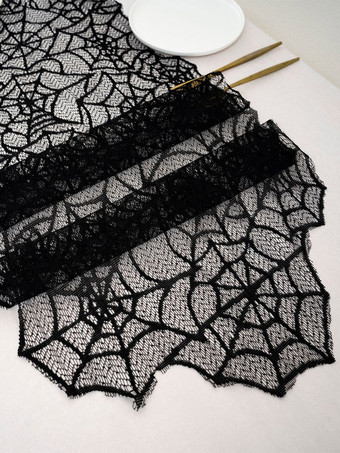 ハロウィン ゴシック レース テーブルランナー、蜘蛛の巣刺繍テーブルクロス、パーティー装飾