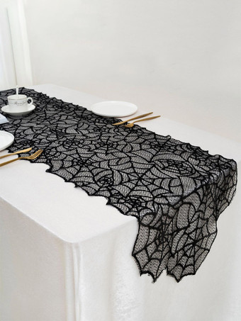 ブラック ハロウィン ゴシック レース テーブルランナー、蜘蛛の巣刺繍テーブルクロス、パーティー装飾