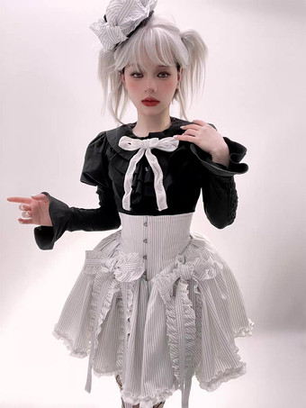 Gothic Lolita Blouse Women's Black Puff Sleeve Peter Pan Collar Bow Tie Corset Top