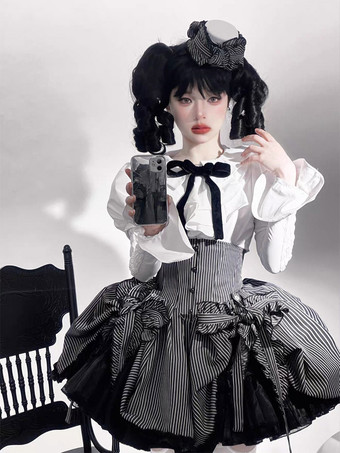 Womens Lolita Skirt White Striped Corset Waist Bowknot Ruffle A Line Mini Skirt
