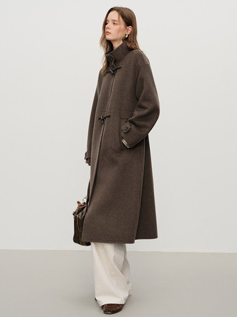 Coat Women Winter Brown Toggle Button Wool Blend Belted Loose Midi Overcoat