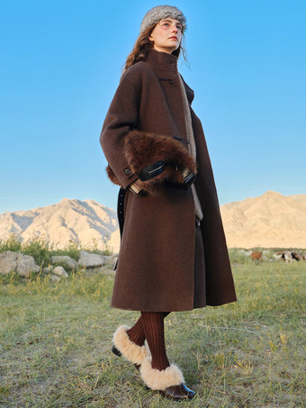 Coat Women Winter Brown Toggle Button Wool Blend Belted Loose Midi Overcoat