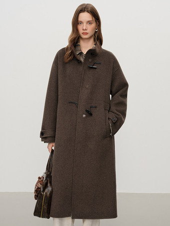Coat Women Winter Brown Toggle Button Wool Blend Belted Loose Midi Overcoat