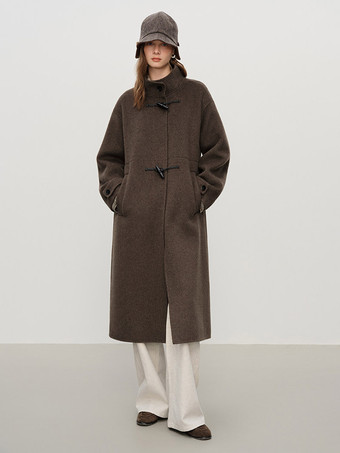 Coat Women Winter Brown Toggle Button Wool Blend Belted Loose Midi Overcoat