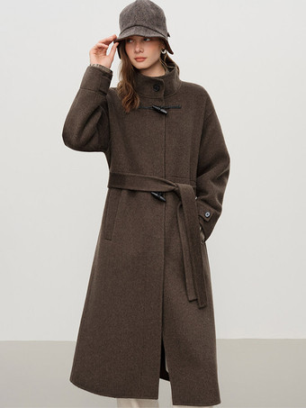 Coat Women Winter Brown Toggle Button Wool Blend Belted Loose Midi Overcoat