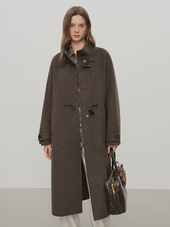 Coffee BrownCoat Women Winter Brown Toggle Button Wool Blend Belted Loose Midi Overcoat