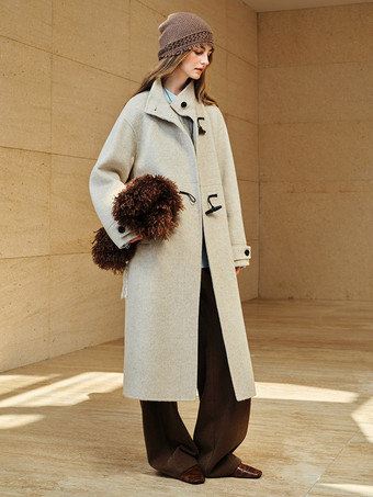 Coat Women Winter Brown Toggle Button Wool Blend Belted Loose Midi Overcoat