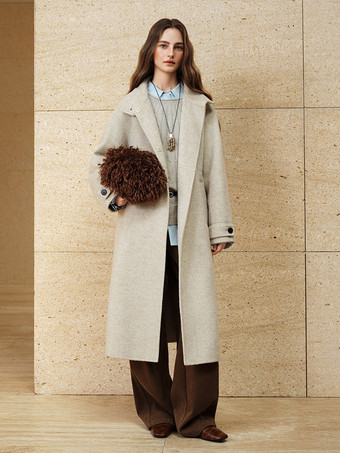 Coat Women Winter Brown Toggle Button Wool Blend Belted Loose Midi Overcoat