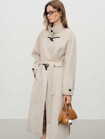 Coat Women Winter Brown Toggle Button Wool Blend Belted Loose Midi Overcoat