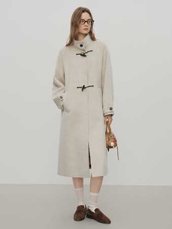 Coat Women Winter Brown Toggle Button Wool Blend Belted Loose Midi Overcoat