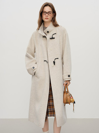 Coat Women Winter Brown Toggle Button Wool Blend Belted Loose Midi Overcoat