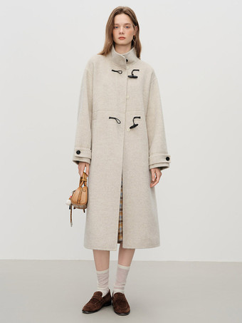 Coat Women Winter Brown Toggle Button Wool Blend Belted Loose Midi Overcoat