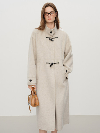 Coat Women Winter Brown Toggle Button Wool Blend Belted Loose Midi Overcoat