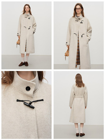 Coat Women Winter Brown Toggle Button Wool Blend Belted Loose Midi Overcoat