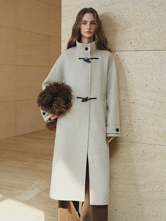 Coat Women Winter Brown Toggle Button Wool Blend Belted Loose Midi Overcoat