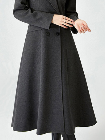 Coat Women Winter Dark Gray Double Breasted Notched Lapel Swing Long Overcoat