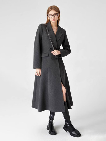 Coat Women Winter Dark Gray Double Breasted Notched Lapel Swing Long Overcoat