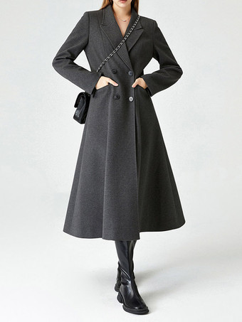 Coat Women Winter Dark Gray Double Breasted Notched Lapel Swing Long Overcoat