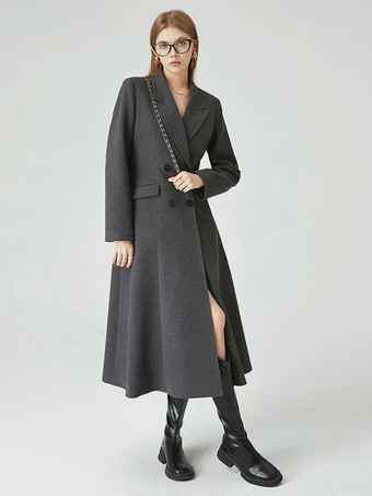 Coat Women Winter Dark Gray Double Breasted Notched Lapel Swing Long Overcoat