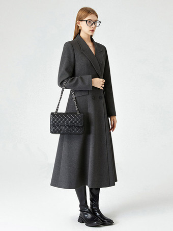 Coat Women Winter Dark Gray Double Breasted Notched Lapel Swing Long Overcoat