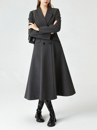 Coat Women Winter Dark Gray Double Breasted Notched Lapel Swing Long Overcoat