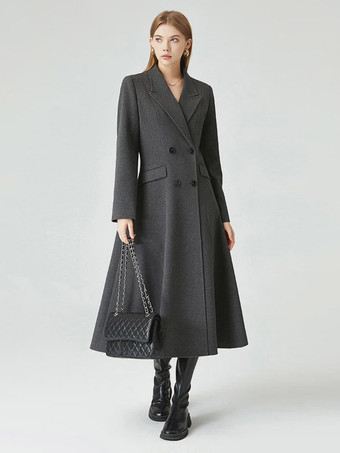 Deep GrayCoat Women Winter Dark Gray Double Breasted Notched Lapel Swing Long Overcoat