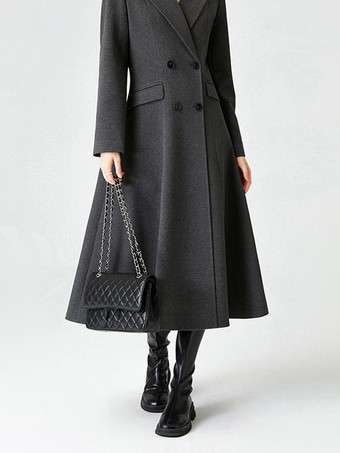 Coat Women Winter Dark Gray Double Breasted Notched Lapel Swing Long Overcoat