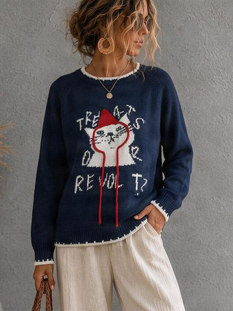 レディースニットセーター 猫のアップリケ刺繍 レーストリム襟 ゆったりフィット プルオーバー